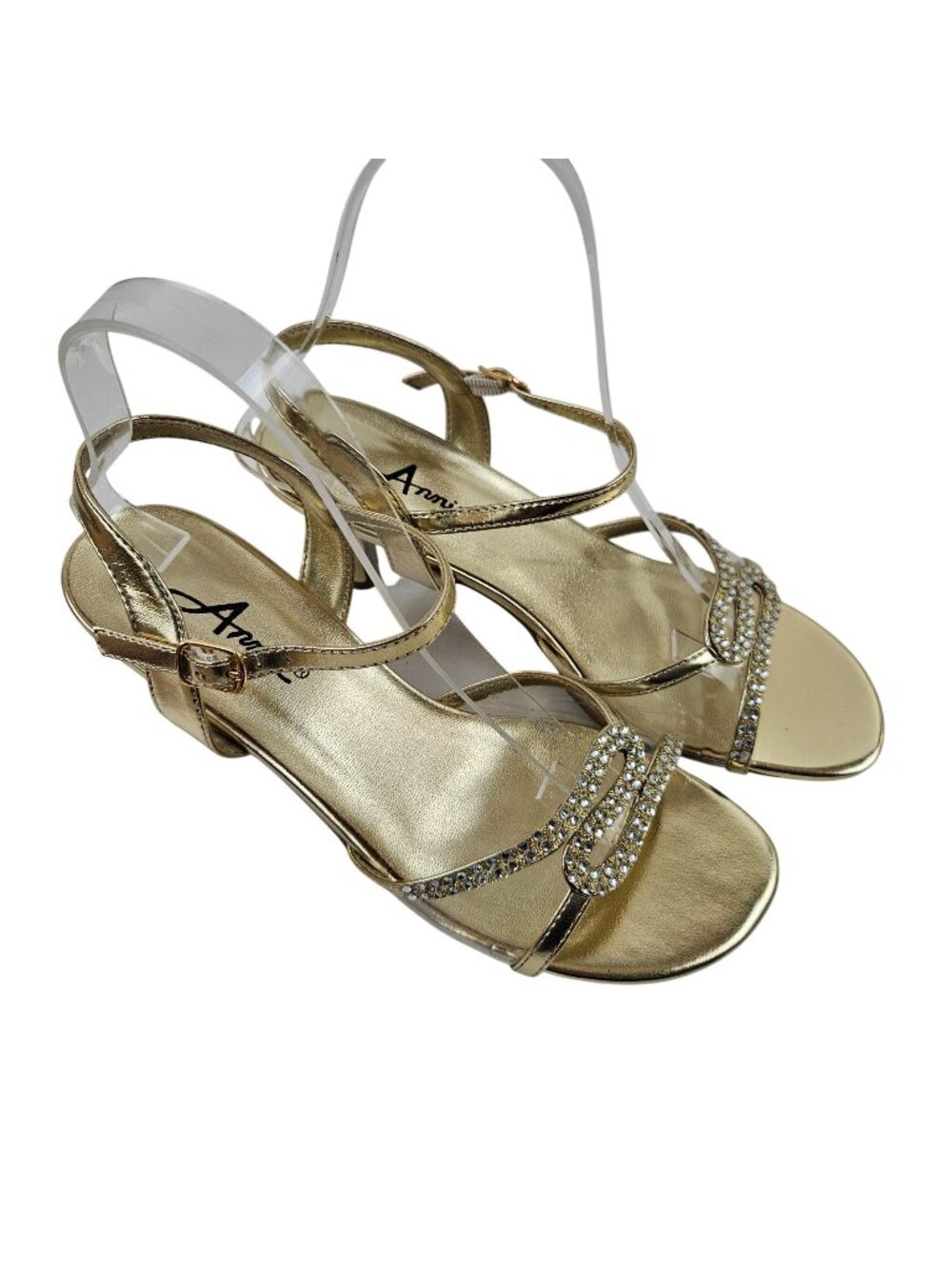Annie Sandals Womens Size 7.5M Sonja Gold Rhinestone Strap Kitten Heels
